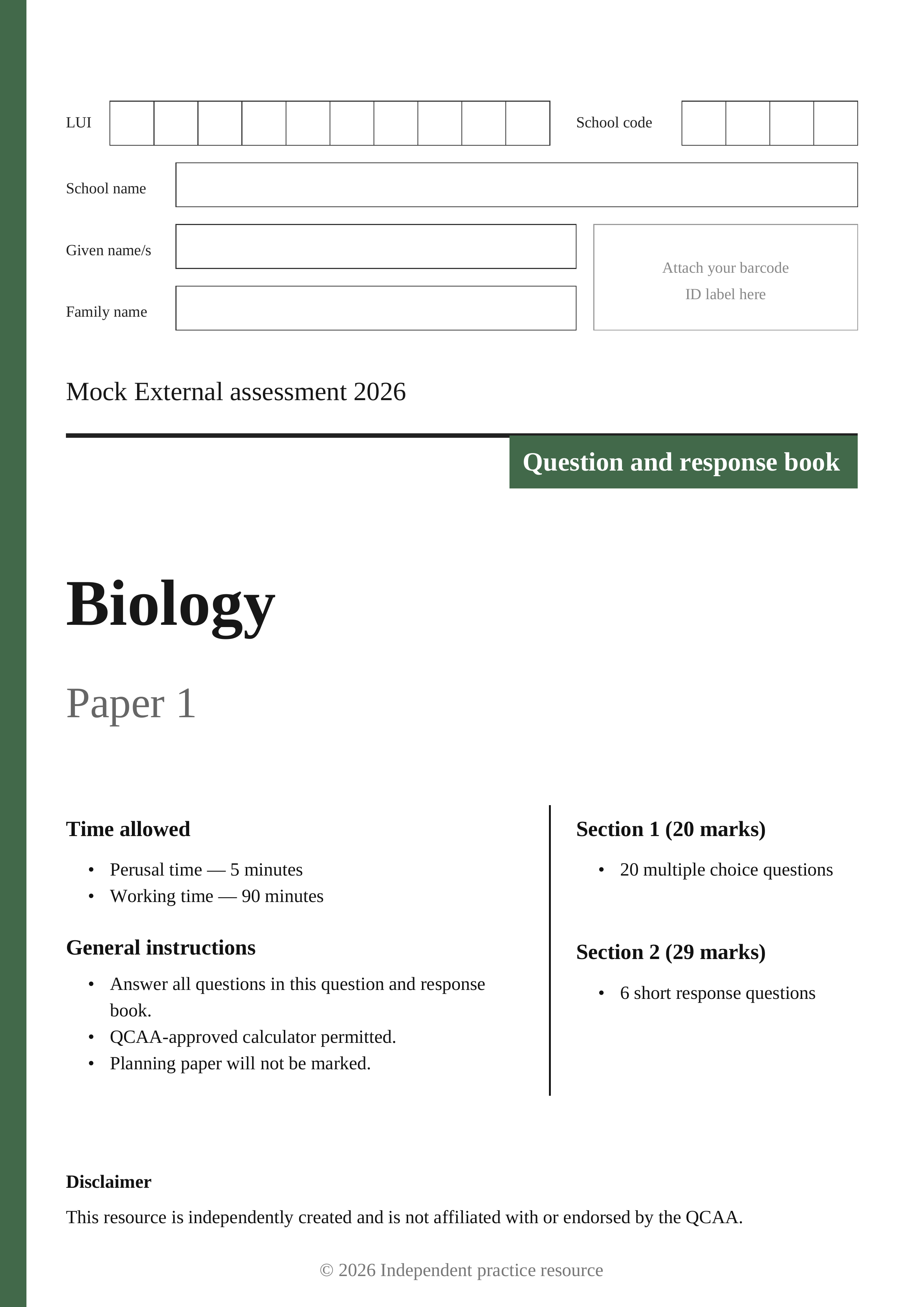 Biology Mock External Examination 2026 Paper 1 question and response book cover