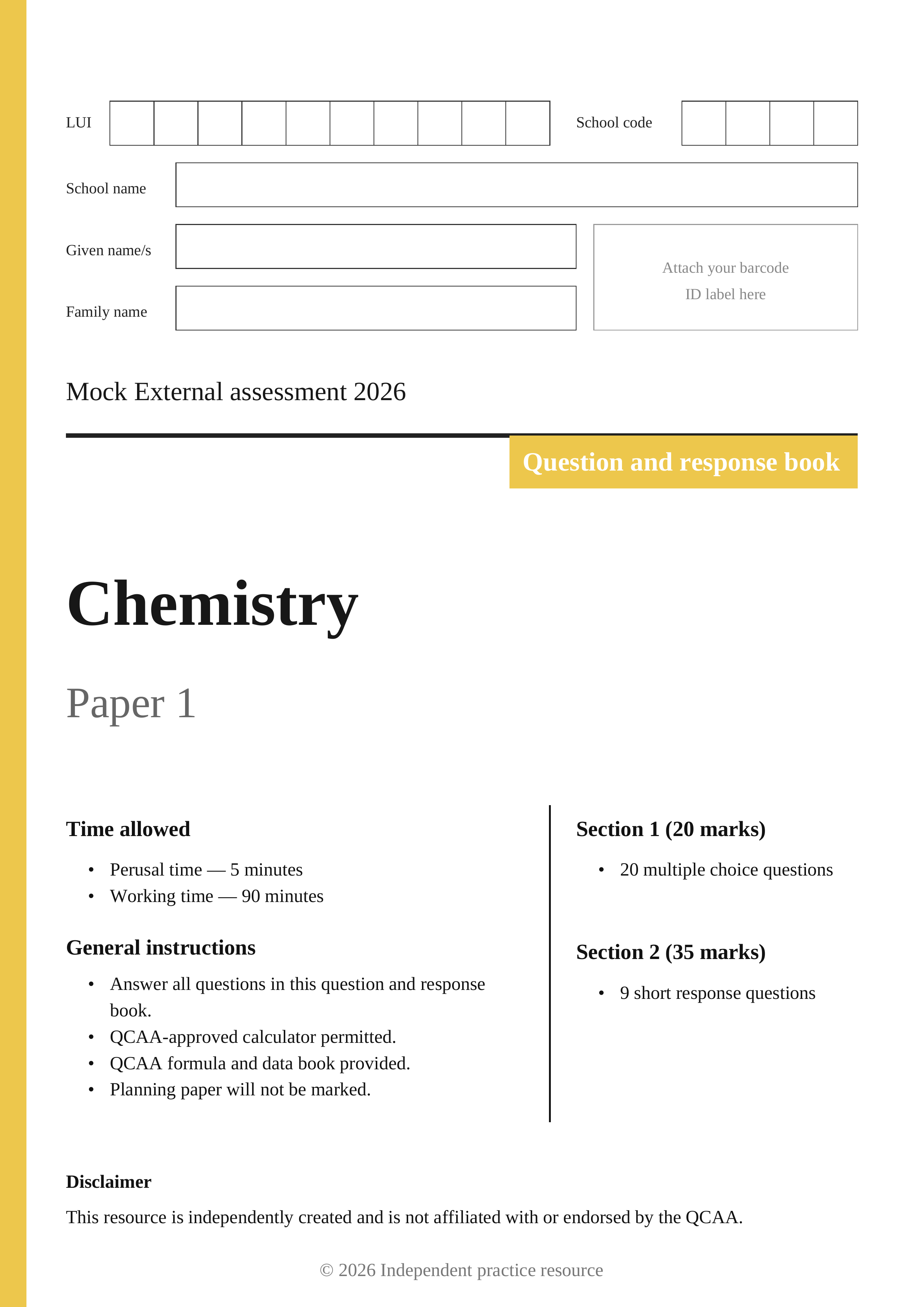 Chemistry Mock External Examination 2026 cover