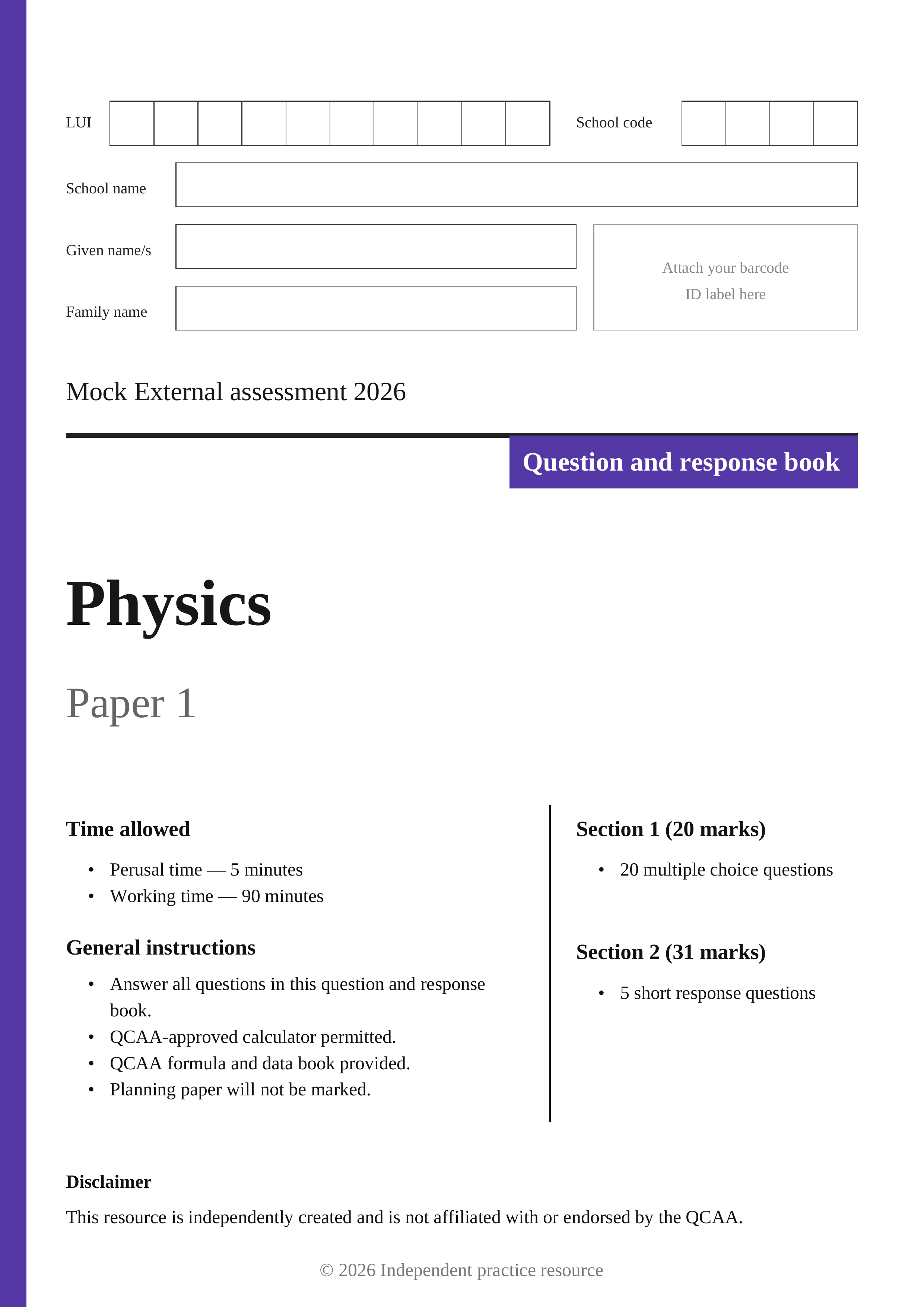 Physics Mock External Examination 2026 cover